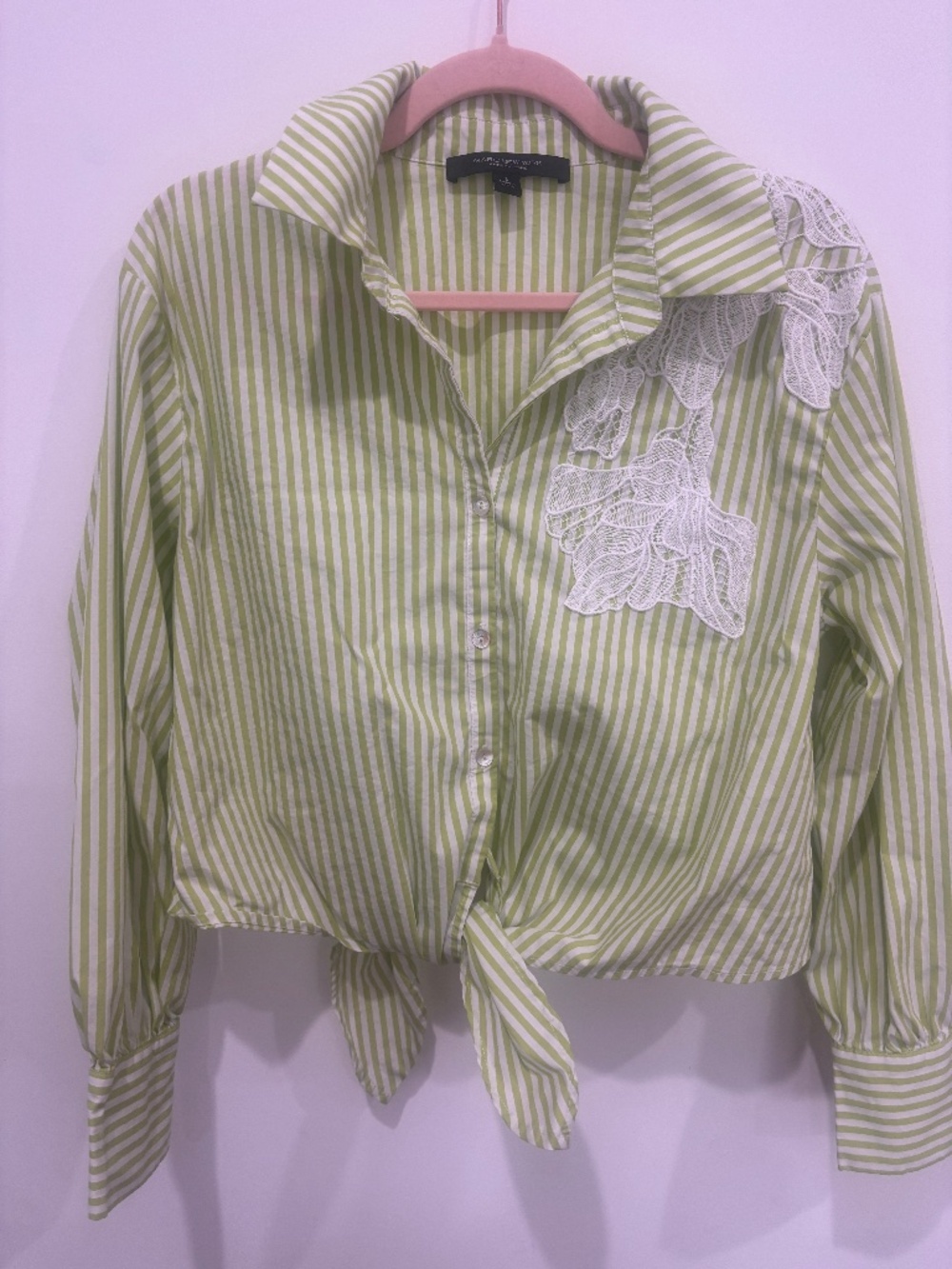Marc New York Striped Button Up Shirt Small Lace Floral Applique Shoulder Top